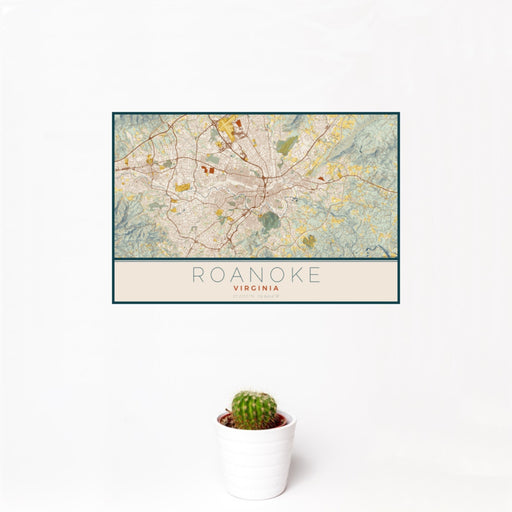 12x18 Roanoke Virginia Map Print Landscape Orientation in Woodblock Style With Small Cactus Plant in White Planter
