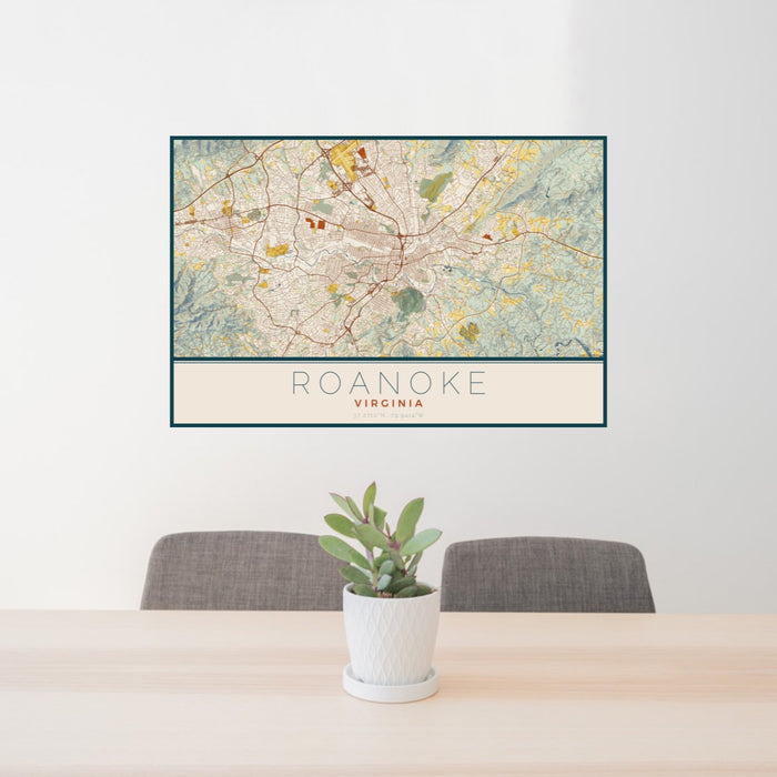 24x36 Roanoke Virginia Map Print Landscape Orientation in Woodblock Style Behind 2 Chairs Table and Potted Plant