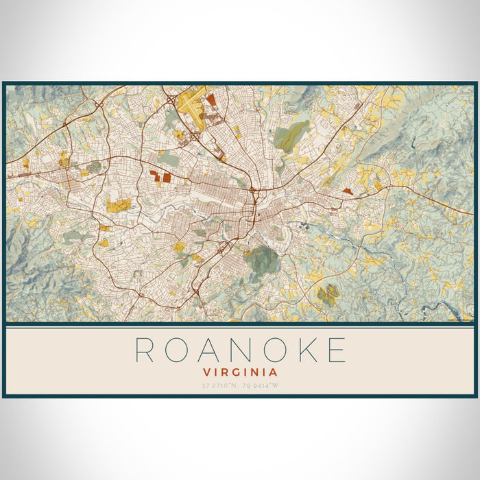 Roanoke Virginia Map Print Landscape Orientation in Woodblock Style With Shaded Background