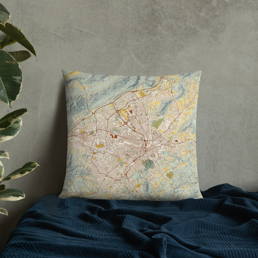 Custom Roanoke Virginia Map Throw Pillow in Woodblock on Bedding Against Wall