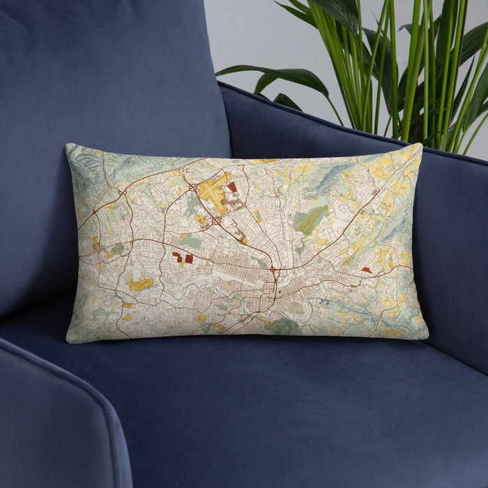 Custom Roanoke Virginia Map Throw Pillow in Woodblock on Blue Colored Chair