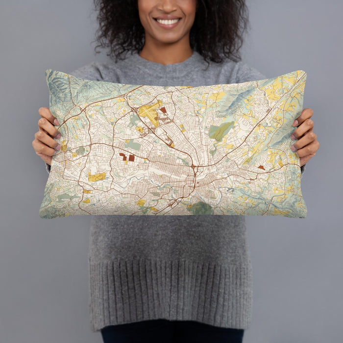 Person holding 20x12 Custom Roanoke Virginia Map Throw Pillow in Woodblock