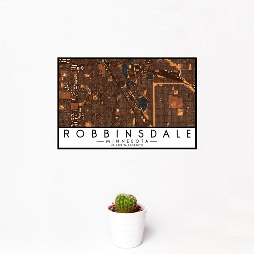 12x18 Robbinsdale Minnesota Map Print Landscape Orientation in Ember Style With Small Cactus Plant in White Planter