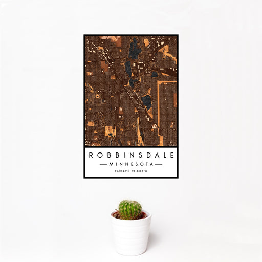 12x18 Robbinsdale Minnesota Map Print Portrait Orientation in Ember Style With Small Cactus Plant in White Planter