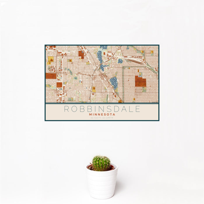 12x18 Robbinsdale Minnesota Map Print Landscape Orientation in Woodblock Style With Small Cactus Plant in White Planter