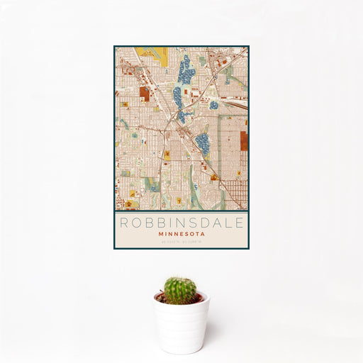 12x18 Robbinsdale Minnesota Map Print Portrait Orientation in Woodblock Style With Small Cactus Plant in White Planter
