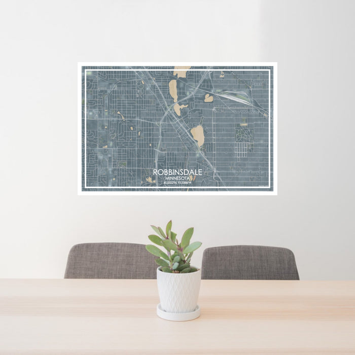 24x36 Robbinsdale Minnesota Map Print Lanscape Orientation in Afternoon Style Behind 2 Chairs Table and Potted Plant
