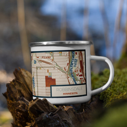 Right View Custom Robbinsdale Minnesota Map Enamel Mug in Woodblock on Grass With Trees in Background