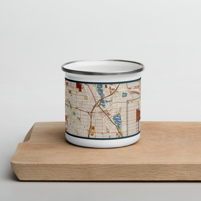 Front View Custom Robbinsdale Minnesota Map Enamel Mug in Woodblock on Cutting Board