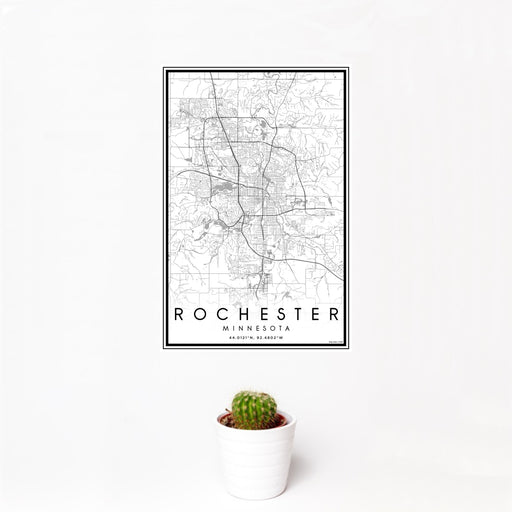 12x18 Rochester Minnesota Map Print Portrait Orientation in Classic Style With Small Cactus Plant in White Planter