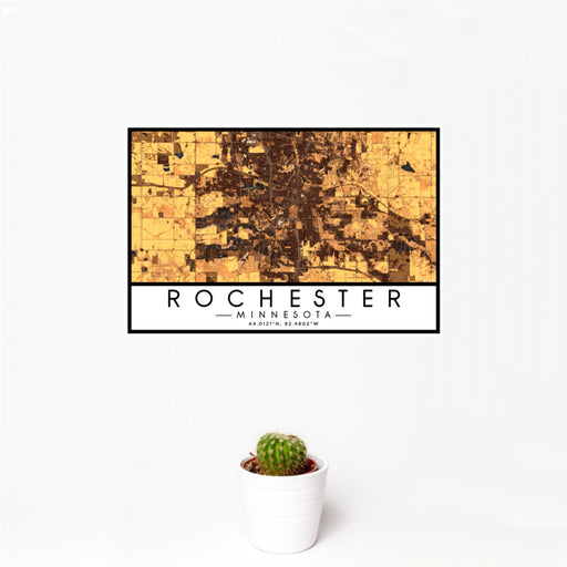12x18 Rochester Minnesota Map Print Landscape Orientation in Ember Style With Small Cactus Plant in White Planter
