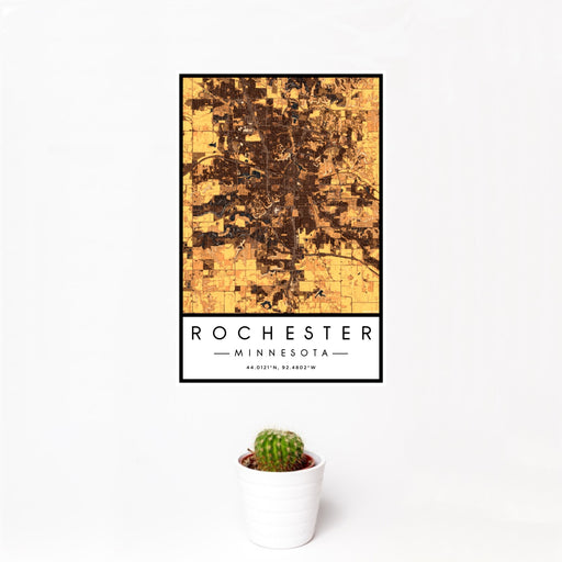 12x18 Rochester Minnesota Map Print Portrait Orientation in Ember Style With Small Cactus Plant in White Planter
