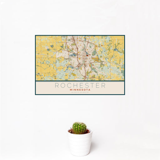 12x18 Rochester Minnesota Map Print Landscape Orientation in Woodblock Style With Small Cactus Plant in White Planter