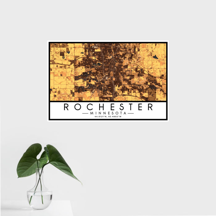 16x24 Rochester Minnesota Map Print Landscape Orientation in Ember Style With Tropical Plant Leaves in Water