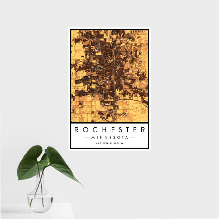 16x24 Rochester Minnesota Map Print Portrait Orientation in Ember Style With Tropical Plant Leaves in Water