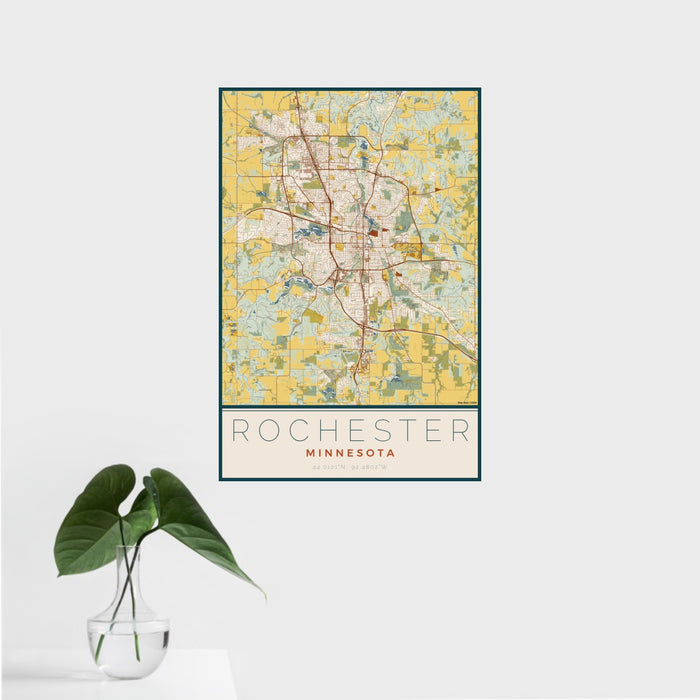 16x24 Rochester Minnesota Map Print Portrait Orientation in Woodblock Style With Tropical Plant Leaves in Water