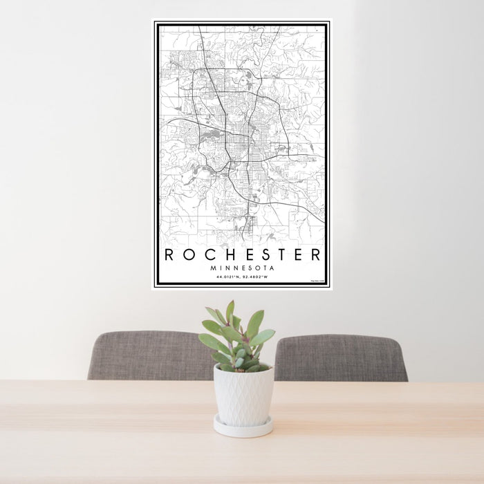 24x36 Rochester Minnesota Map Print Portrait Orientation in Classic Style Behind 2 Chairs Table and Potted Plant
