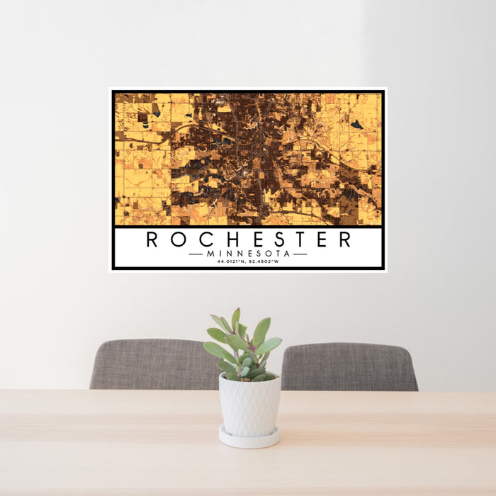 24x36 Rochester Minnesota Map Print Lanscape Orientation in Ember Style Behind 2 Chairs Table and Potted Plant