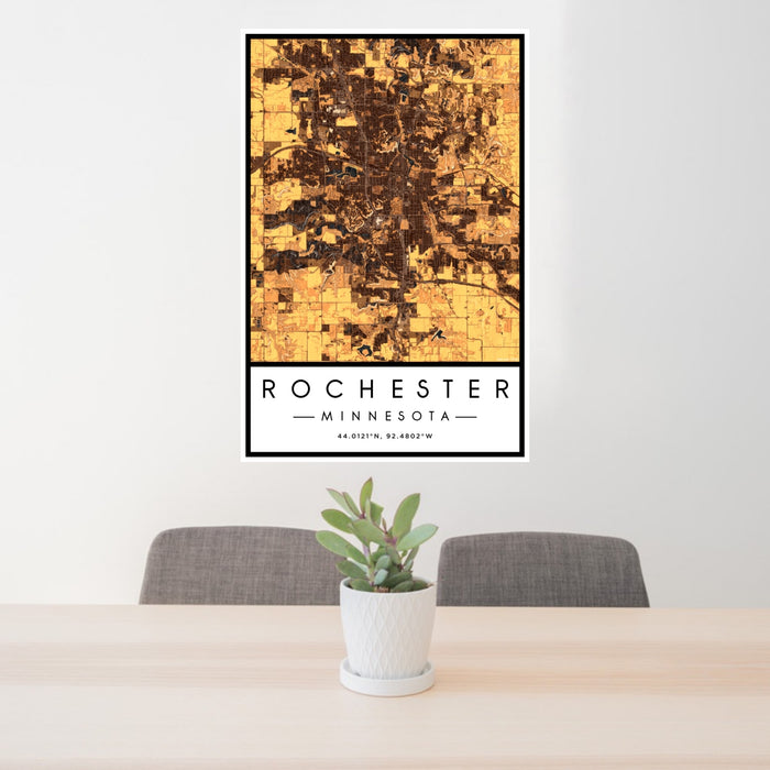 24x36 Rochester Minnesota Map Print Portrait Orientation in Ember Style Behind 2 Chairs Table and Potted Plant