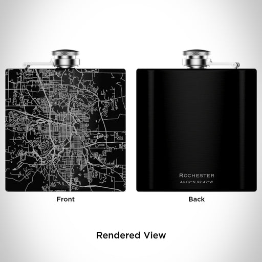 Rendered View of Rochester Minnesota Map Engraving on 6oz Stainless Steel Flask in Black