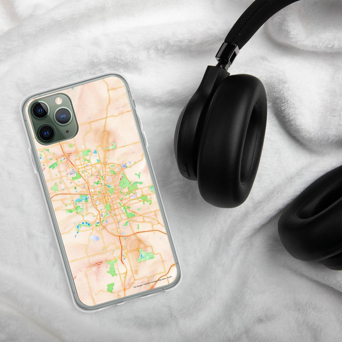 Custom Rochester Minnesota Map Phone Case in Watercolor on Table with Black Headphones