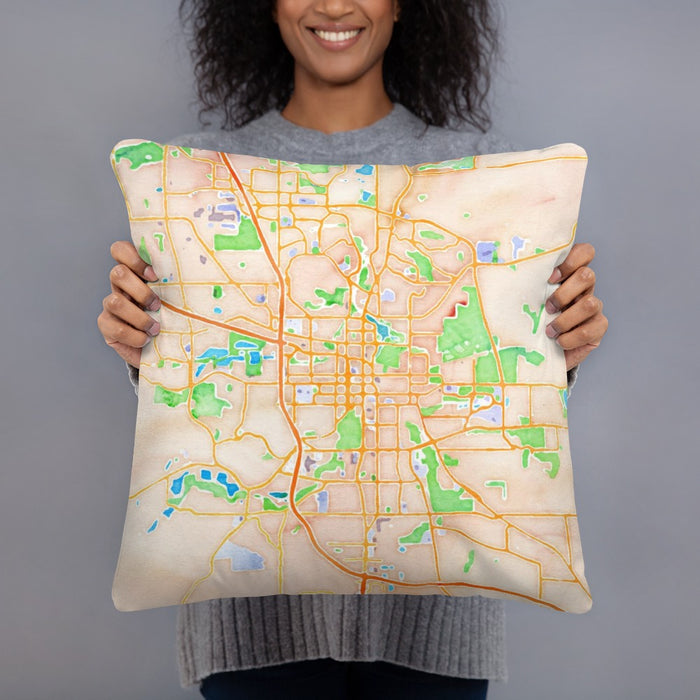 Person holding 18x18 Custom Rochester Minnesota Map Throw Pillow in Watercolor