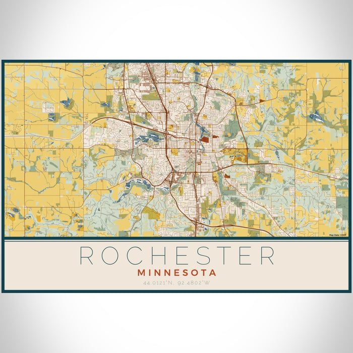 Rochester Minnesota Map Print Landscape Orientation in Woodblock Style With Shaded Background