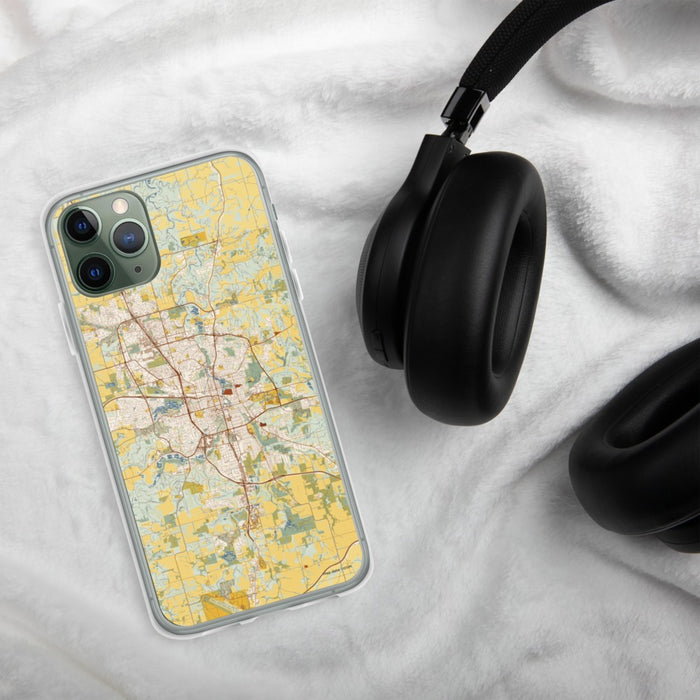 Custom Rochester Minnesota Map Phone Case in Woodblock on Table with Black Headphones