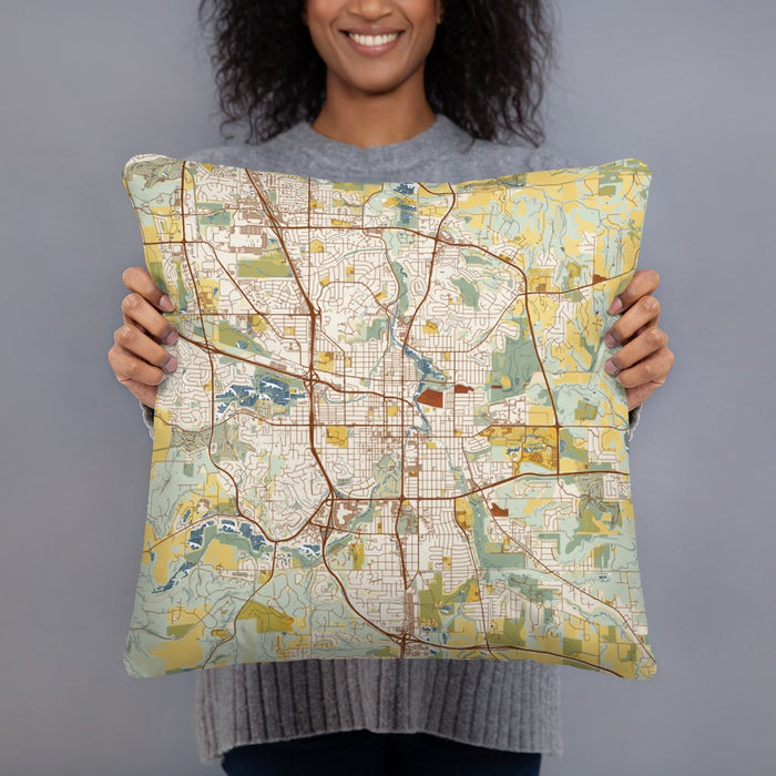 Person holding 18x18 Custom Rochester Minnesota Map Throw Pillow in Woodblock