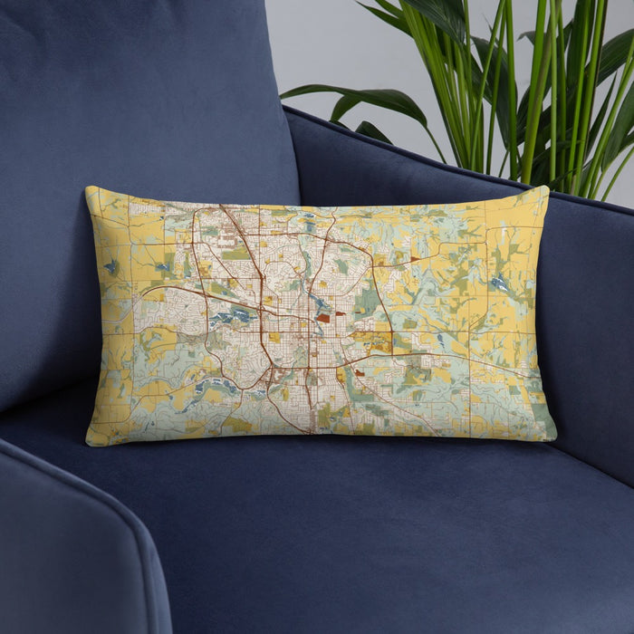 Custom Rochester Minnesota Map Throw Pillow in Woodblock on Blue Colored Chair