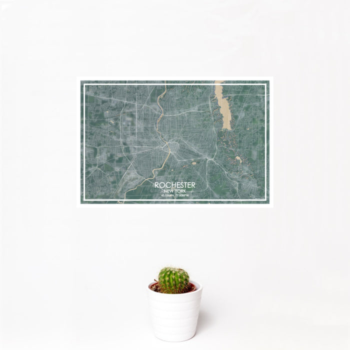 12x18 Rochester New York Map Print Landscape Orientation in Afternoon Style With Small Cactus Plant in White Planter