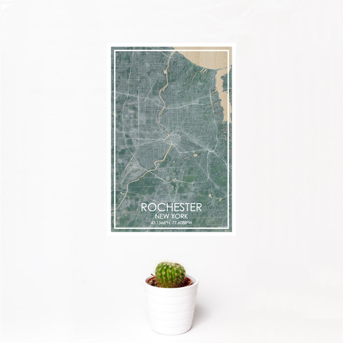 12x18 Rochester New York Map Print Portrait Orientation in Afternoon Style With Small Cactus Plant in White Planter