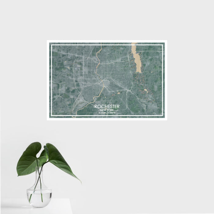 16x24 Rochester New York Map Print Landscape Orientation in Afternoon Style With Tropical Plant Leaves in Water