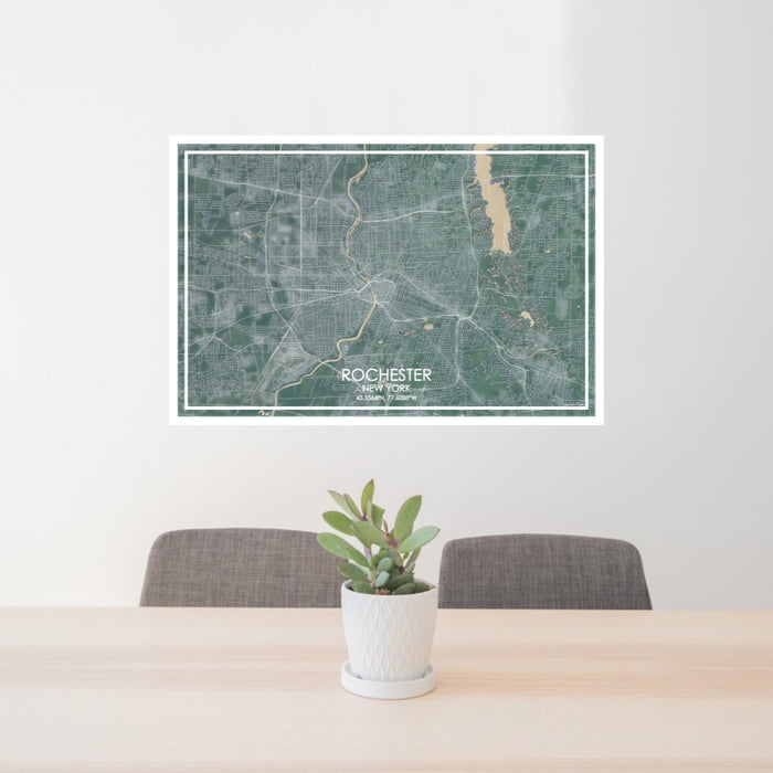 24x36 Rochester New York Map Print Lanscape Orientation in Afternoon Style Behind 2 Chairs Table and Potted Plant