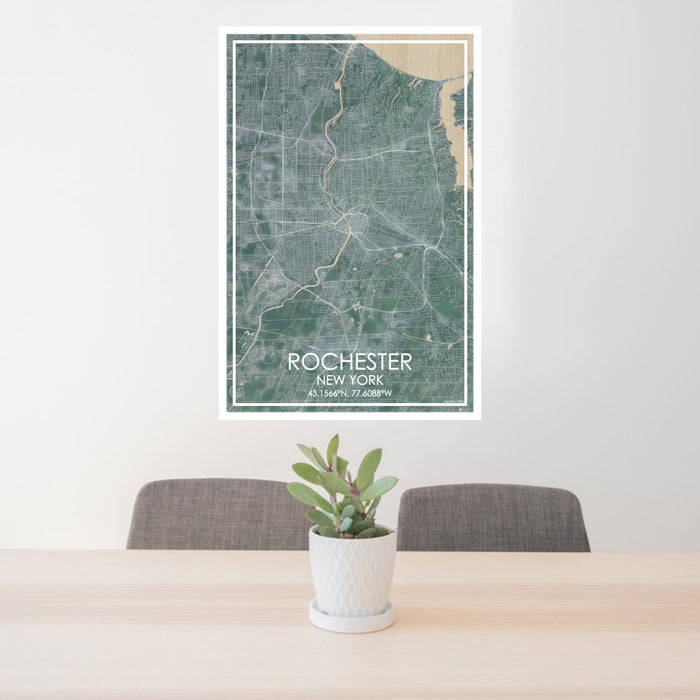 24x36 Rochester New York Map Print Portrait Orientation in Afternoon Style Behind 2 Chairs Table and Potted Plant