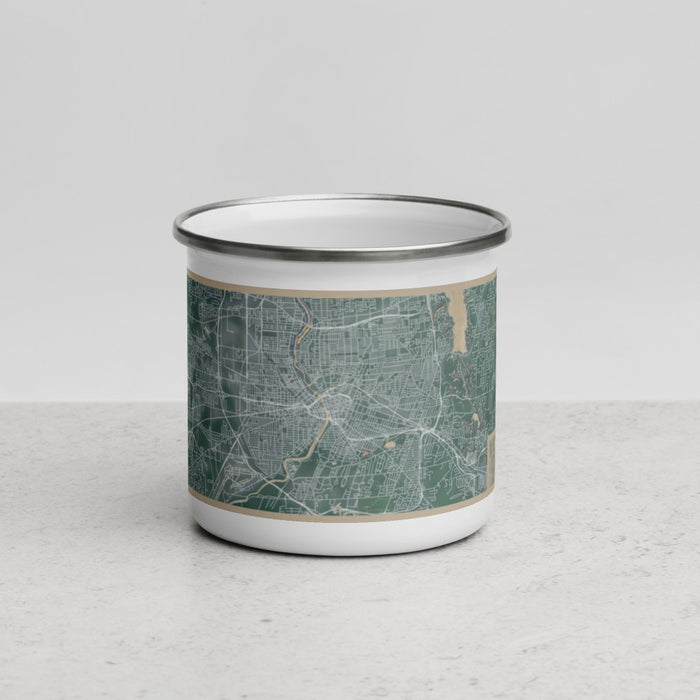 Front View Custom Rochester New York Map Enamel Mug in Afternoon