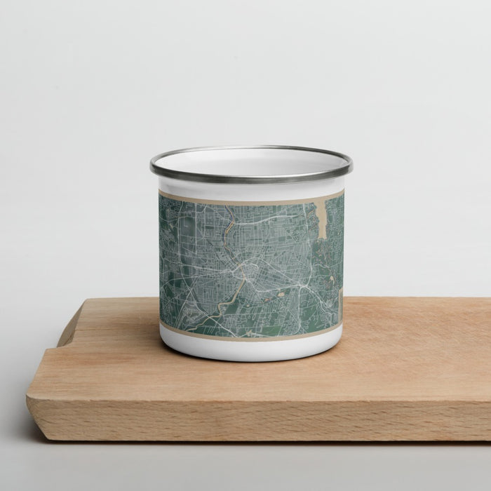 Front View Custom Rochester New York Map Enamel Mug in Afternoon on Cutting Board
