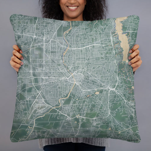 Person holding 22x22 Custom Rochester New York Map Throw Pillow in Afternoon