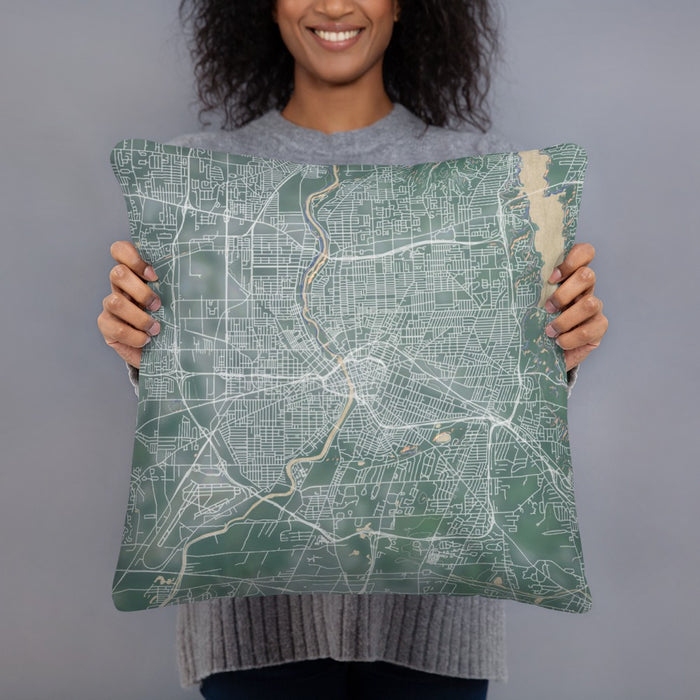 Person holding 18x18 Custom Rochester New York Map Throw Pillow in Afternoon