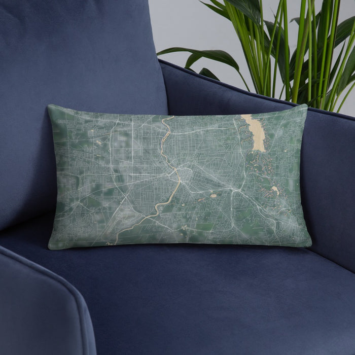 Custom Rochester New York Map Throw Pillow in Afternoon on Blue Colored Chair