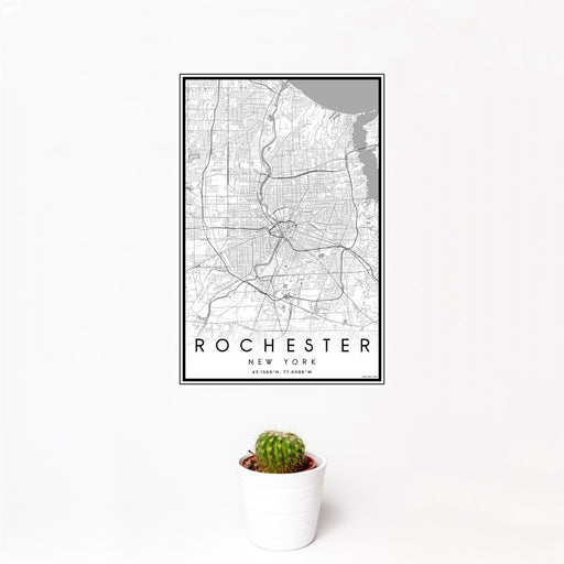 12x18 Rochester New York Map Print Portrait Orientation in Classic Style With Small Cactus Plant in White Planter