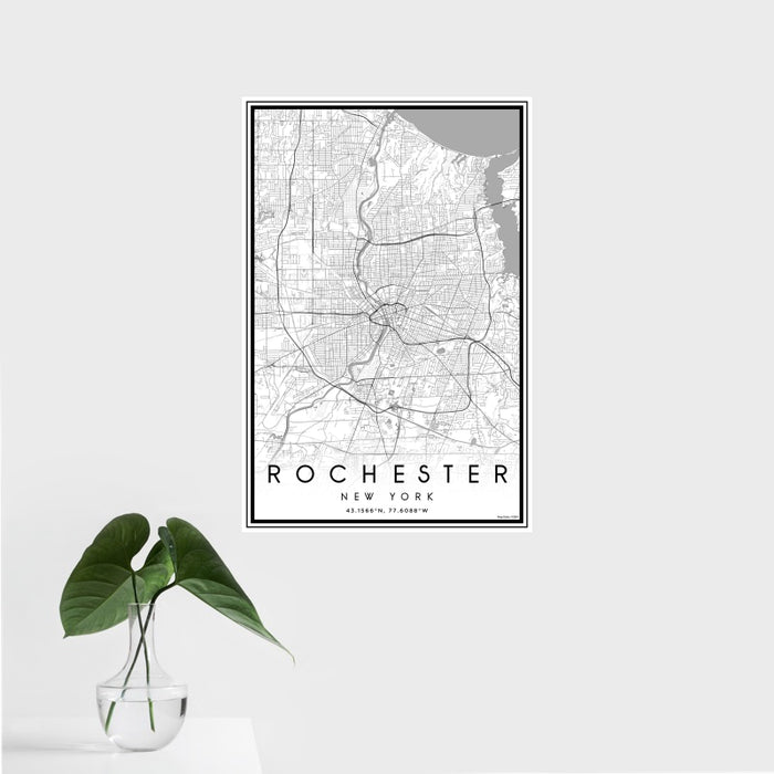 16x24 Rochester New York Map Print Portrait Orientation in Classic Style With Tropical Plant Leaves in Water