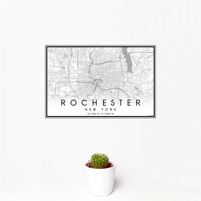 12x18 Rochester New York Map Print Landscape Orientation in Classic Style With Small Cactus Plant in White Planter