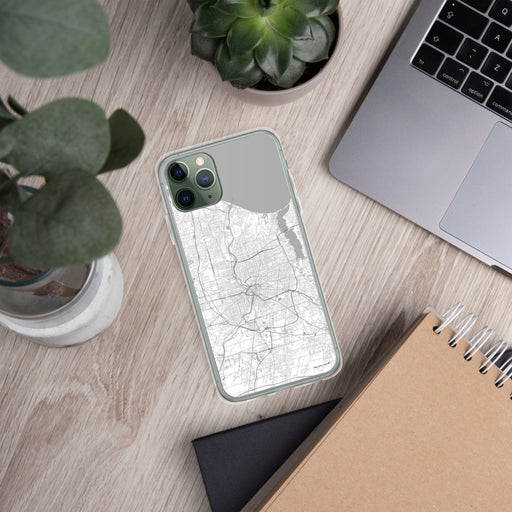 Custom Rochester New York Map Phone Case in Classic on Table with Laptop and Plant
