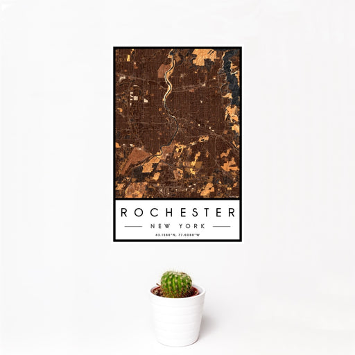 12x18 Rochester New York Map Print Portrait Orientation in Ember Style With Small Cactus Plant in White Planter