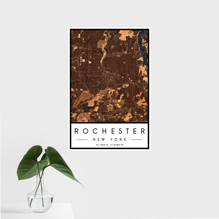 16x24 Rochester New York Map Print Portrait Orientation in Ember Style With Tropical Plant Leaves in Water