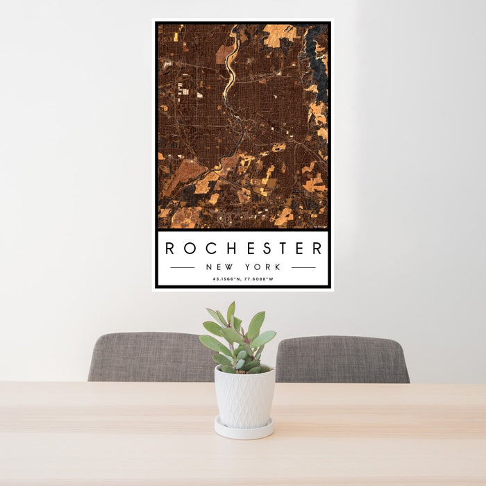 24x36 Rochester New York Map Print Portrait Orientation in Ember Style Behind 2 Chairs Table and Potted Plant