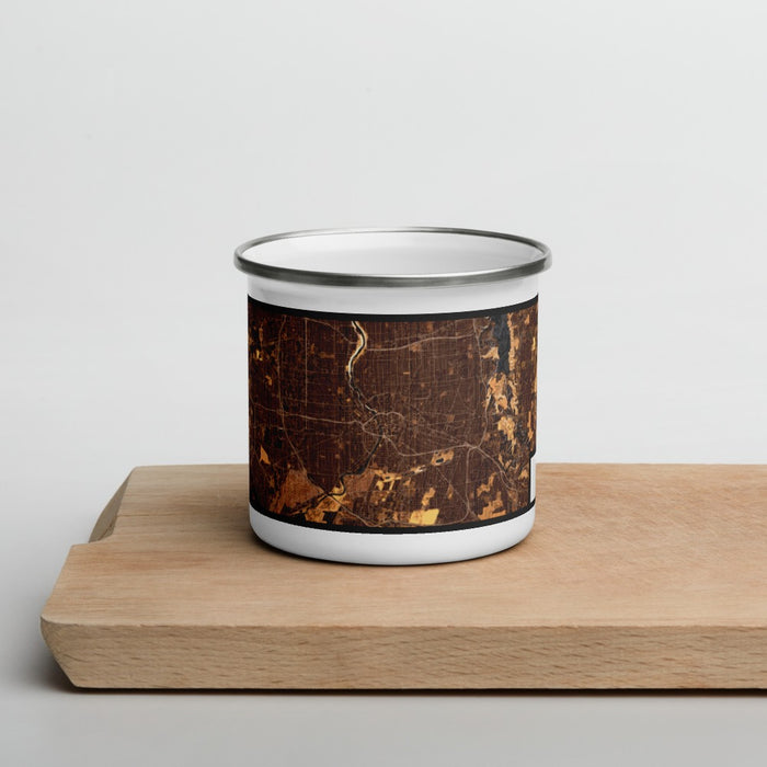 Front View Custom Rochester New York Map Enamel Mug in Ember on Cutting Board
