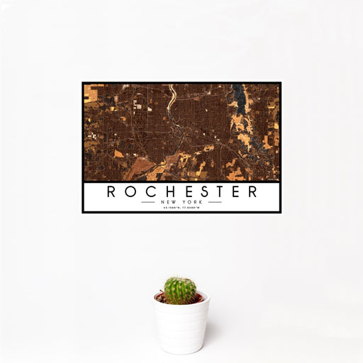 12x18 Rochester New York Map Print Landscape Orientation in Ember Style With Small Cactus Plant in White Planter