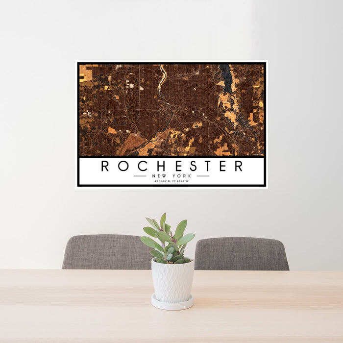 24x36 Rochester New York Map Print Landscape Orientation in Ember Style Behind 2 Chairs Table and Potted Plant